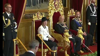 King Harald V of Norway arriving and departing the state opening of the parliament 2021