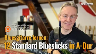 Bluesgitarre lernen: 12 Standard Blueslicks in A-Dur - für jeden Takt einen.