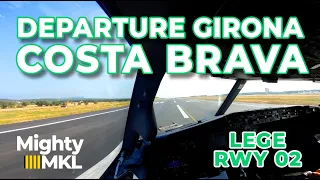 Departure from runway 02 Girona "Costa Brava" airport as seen from the cockpit with ATC. (GRO LEGE)