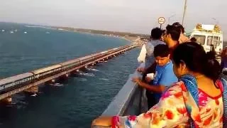 Pamban bridge in Rameshwaram, train crossing