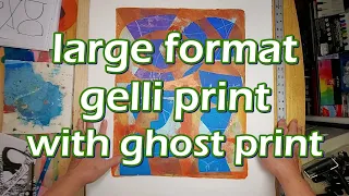 large format gelli print with ghost print: x shapes, ovals