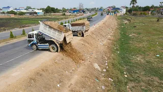Superb New Project Landfill Next to National Road by KOMATSU D31P Bulldozer Push Soil, Dump Truck