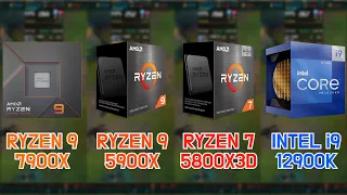 RYZEN 9 7900X vs 5900X vs RYZEN 7 5800X3D vs INTEL i9-12900K with RTX 3080 (7 Games / FHD / 1080p)