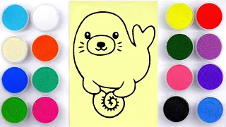 Sand painting & coloring cute seal for kids