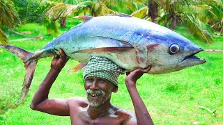 GIANT BLUEFIN TUNA FISH RECIPE | Delicious Tuna Fish Gravy | Fish With Vegetable | Village Grandpa