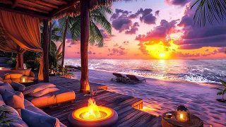 Smooth Jazz Music on the Warm Sunset Beach with Fireplace Sound and Ocean Waves Sound for Relaxation