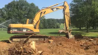 Excavator removing pine stumps