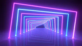 Ultraviolet Abstract Neon Light Tunnel Squares Glow with Reflections 4K Motion Background for Edits