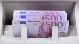 Cash Money Counting Machine. Banknote Counter Are Counting Five Hundred Euro Bills. (Stock Footage)