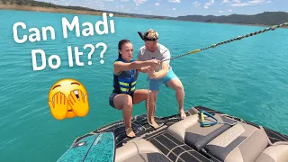 Teaching Madi to Surf Behind a Boat - Beginner Wakesurfing