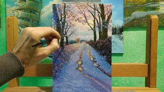 Как рисовать зиму|как рисовать дорогу в даль|как нарисовать зимний пейзаж