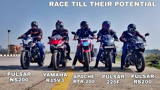 Pulsar RS200 Vs Yamaha R15V3 Vs Apache RTR200 Vs NS200 Vs Pulsar 220F | Race Till Their Potential