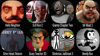 Hello Neighbor, Evil Nun 2, Granny Chapter Two, Mr Meat 2, Siren Head Reborn, Scary Teacher 3D