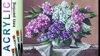 "Lilac flowers. Bouquet" How to paint still life🎨ACRYLIC tutorial DEMO