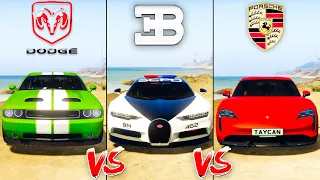 Porsche Taycan Turbo S vs Police Bugatti Chiron vs Dodge Challenger - GTA 5 Mods Which car is best?