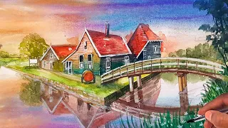 House and River water color landscape step by step | Easy Drawings