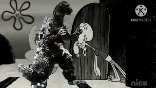 Squidward throws a pizza at Analog horror Godzilla