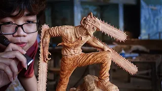 How to Carve Chainsaw Man - DENJI from a piece of Wood  [ チェンソーマン ]  - 10 Days Making | Woodworking