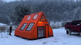 SNOW CAMPING IN THE STORM WITH OUR NEW INFLATABLE TENT