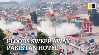 Gone in seconds: Pakistan hotel is swept away by flooding as country seeks more international aid