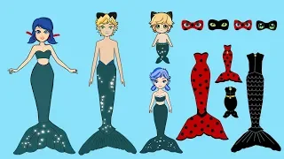 FAMILY DRESS UP MERMAID LADYBUG & CAT NOIR PAPER DOLLS COSTUMES PAPERCRAFTS