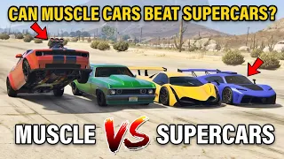 GTA 5 ONLINE - MUSCLE CARS VS SUPERCARS (CAN MUSCLE CARS BEAT SUPERCARS WITH WHEELIE?)