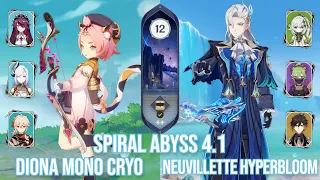 C6 Diona Mono Cryo & C0 Neuvillette Hyperbloom - Spiral Abyss 4.1 - Genshin Impact