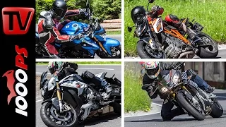 Super Naked Bike Shootout | KTM Super Duke, BMW S1000R vs Aprilia Tuono, Suzuki GSX-S1000