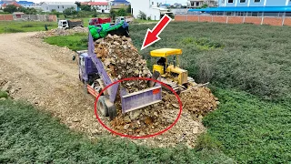 Part 4! New Road Spreading Stone Project Using Dump Truck Unloading & Komatsu D20P Bulldozer Pushing
