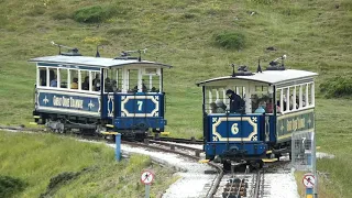 Tram action on middle section - historic Great Orme Tramway Llandudno Sir Conwy County Cymru (Wales)