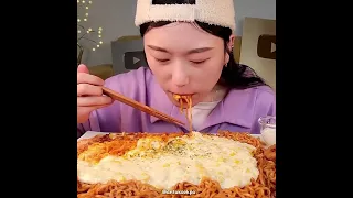 Asmr mukbang korean spicy corn cheese noodles with fried squid rings