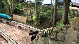 Class 47 passes under a footbridge at mold minature railway