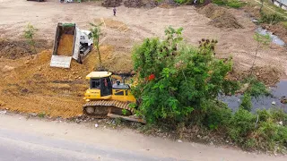 Land fill up Complete100% Processing 5Ton Dump truck with Dozer SHANTUI  Push soil to clearing land