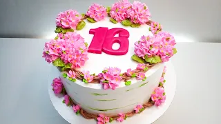 Тортик с розовыми гортензиями(крем БЗК). /Cake with pink hydrangeas(protein custard).