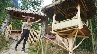 TIMELAPSE: Start to Finish alone building a wooden hut, Bamboo railings all around - Living off grid