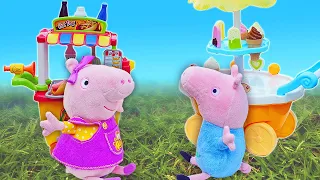 Peppa Pig vai fazer cachorros-quentes no parque! Histórias para crianças com brinquedos de pelúcia