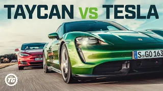 Porsche Taycan Turbo S vs Tesla Model S: DRAG RACE, FULL REVIEW AND VMAX | Top Gear