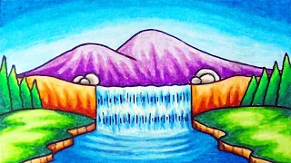 Scenery Drawing | How To Draw Easy Waterfall and Mountain Scenery For Beginners With Oil Pastel