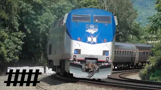 Amtrak Pennsylvanian 43 Stops at Lewistown Station on Sunny Day in PA with P42DC 117 & PRR Signals