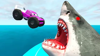 Jumping Cars into the Giant Mouth of hungry Shark - BeamNG.Drive