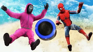 GTA 5 Epic Ragdolls | Spiderman and Squid Game Guard TRAMPOLINE Jumps/Fails 2 (Flooded Los Santos)