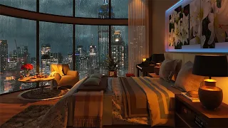 Rain Night & Relaxing Piano Jazz Music in Luxury New York Apartment for Stress Relief and Sleeping