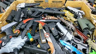 Box of Weapon Toys ! Firearms, Sharp Knives, Handcuffs, Binoculars, Nunchuck Equipment