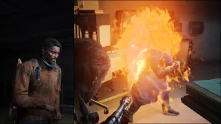 Joel goes back in time and kills Abby's father with a FLAMETHROWER