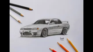 Nissan GTR R32 : JDM car drawing : Time lapse