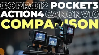 DJI Pocket 3 vs DJI Action 4 vs Go Pro 12 vs Canon V10 - Low-Light/Night Comparison Test