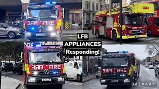 Fire trucks responding + Turnouts with blue lights and sirens - London Fire Brigade