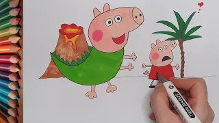 Drawing And Coloring Peppa Pig And Dinosaur George Pig 🐷🦖🌋🌈 |Lets Learn & Draw with me