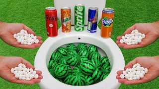 Watermelon Ball VS Football, Cola Zero, Sprite, Fanta, Red Bull, Yedigün and Mentos in the toilet