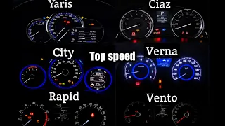 Hyundai Verna Vs Honda city Vs Skoda rapid Vs Toyota Yaris Vs Vw vento Vs Ciaz top speed comparison